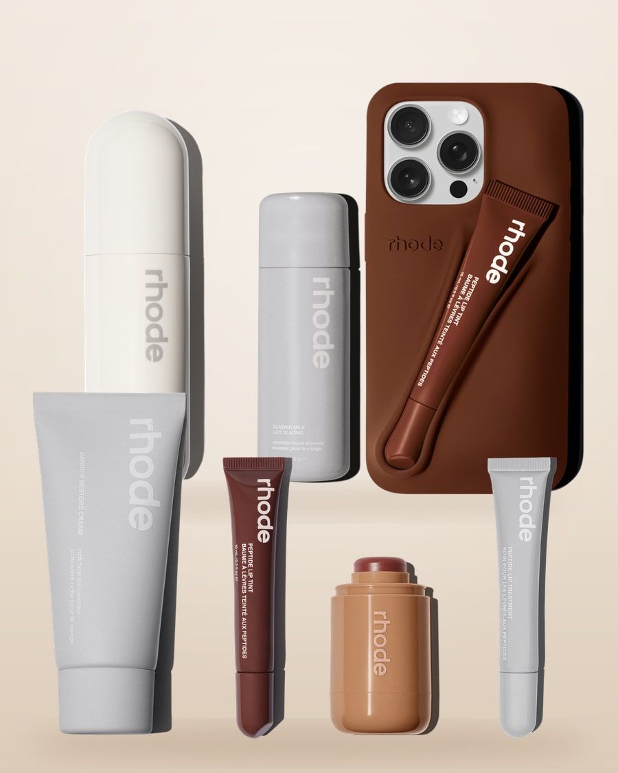 rhode bestsellers: Peptide Lip Tint, Pocket Blush, Glazing Milk and the rhode lip case